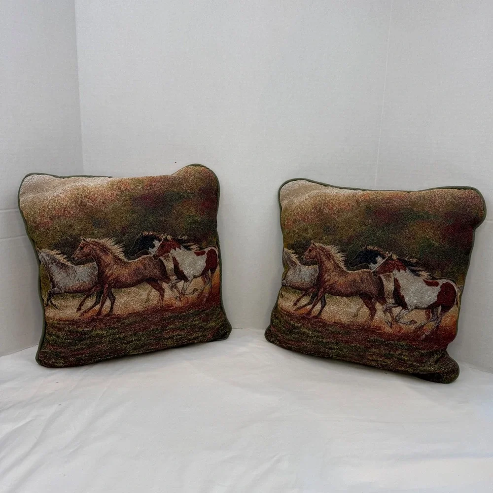 Vintage C.C. Cummings Wild Horse Tapestry Throw Pillows Set of 2 Western Decor