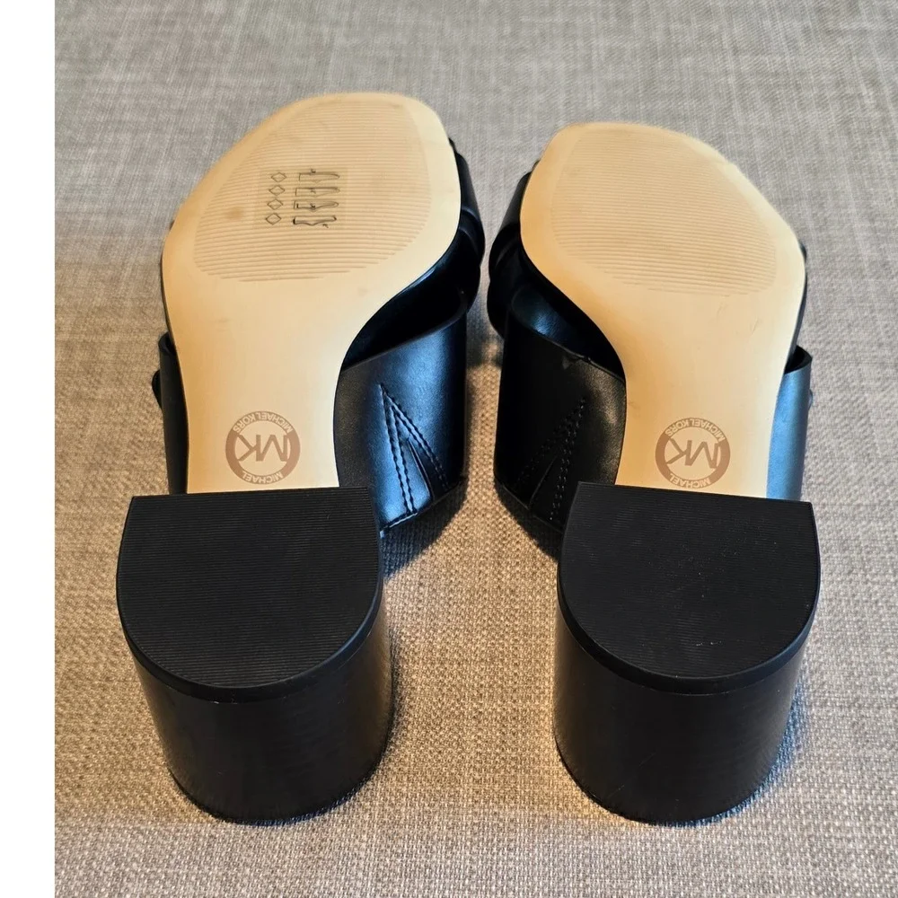 Michael Kors Carmen Logo Black Faux Leather Block Heel Mules Sandals 6M PV22D