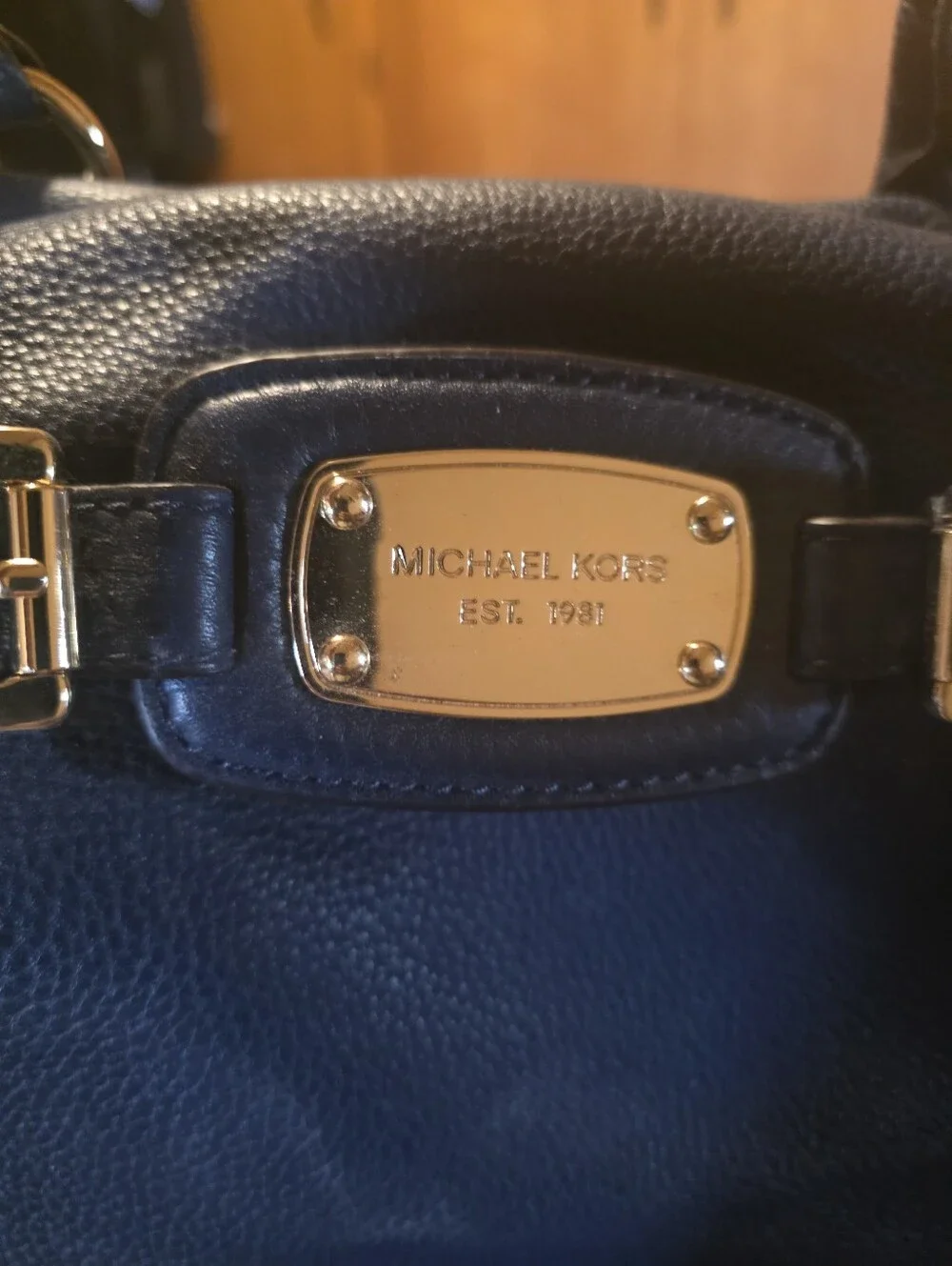 Michael Kors Navy Pebbled Leather Shoulder Tote with Gold Hardware
