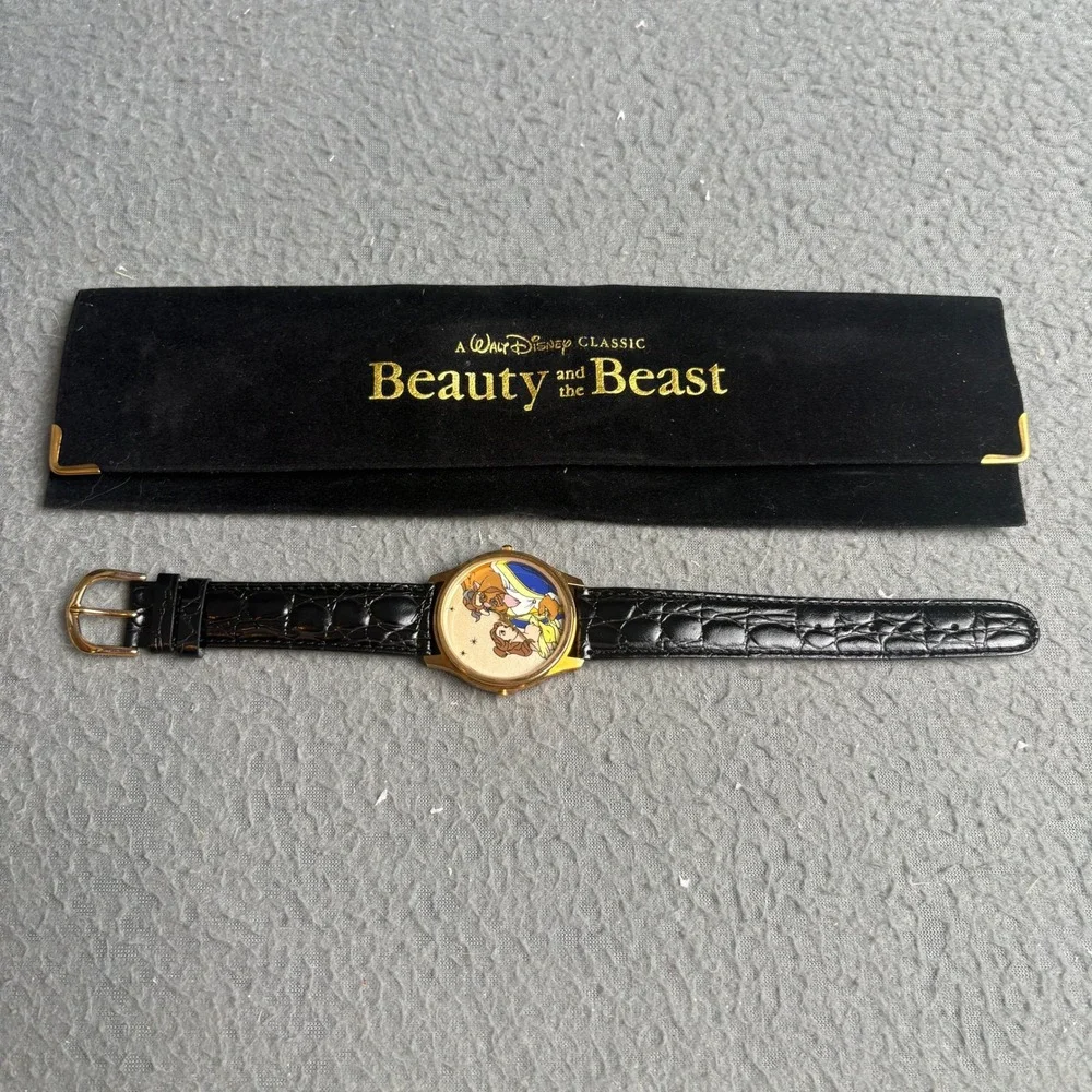 Vintage 1990s Disney Beauty and the Beast Musical Quartz Watch Gold Tone Leather