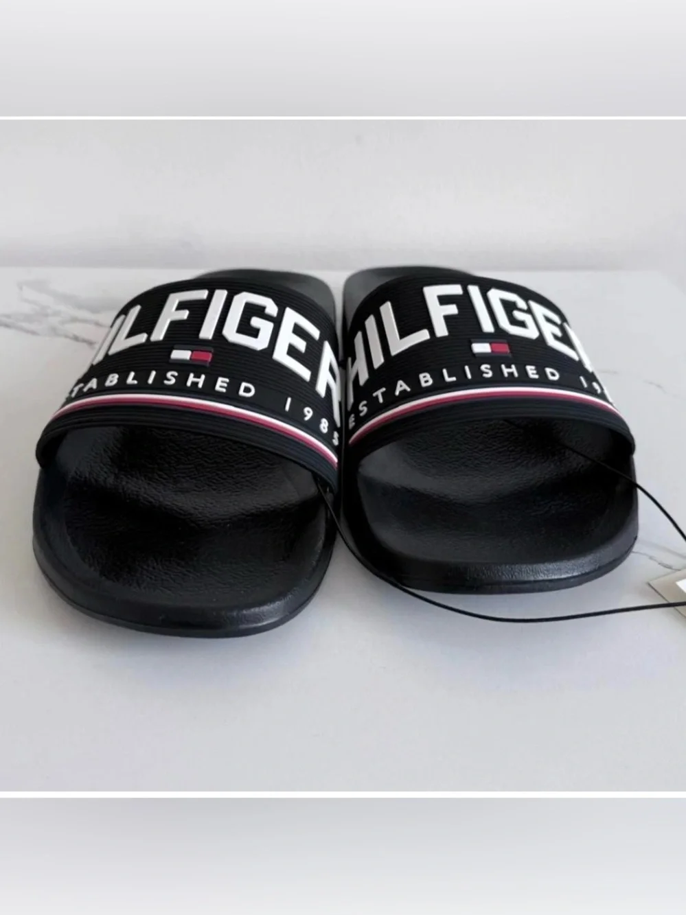 Tommy Hilfiger Black Slide Sandals with White Logo and Red-Blue Stripe