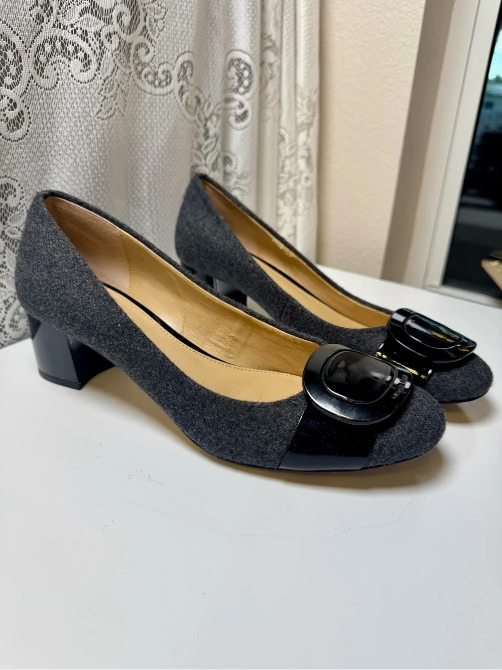 Michael Kors Pauline Pumps, Size 9.5. Grey Wool Black Patent Buckle Heels EUC