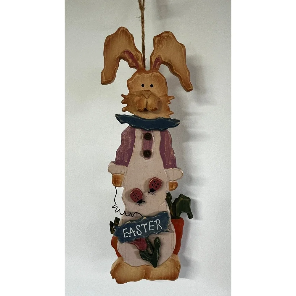Vtg Rustic Wooden Easter Bunny Wall Hanging Primitive Holiday Decor 14.75