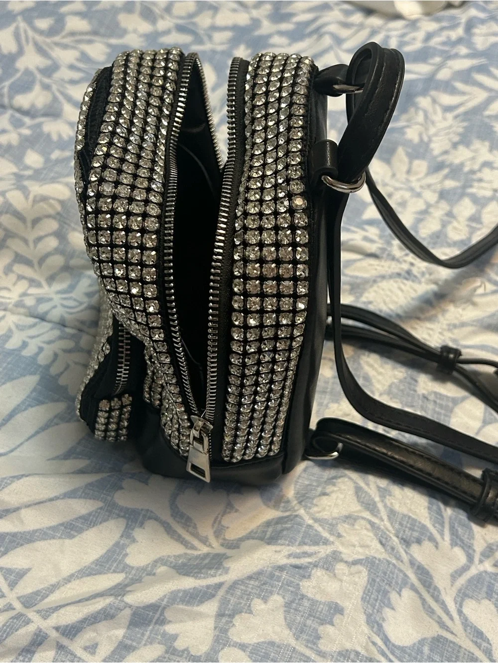 MMS Black Mini Backpack with Silver Rhinestones & Green Embellished Stone Purse