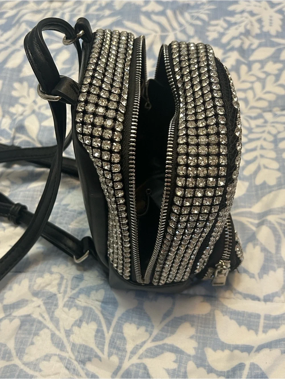 MMS Black Mini Backpack with Silver Rhinestones & Green Embellished Stone Purse
