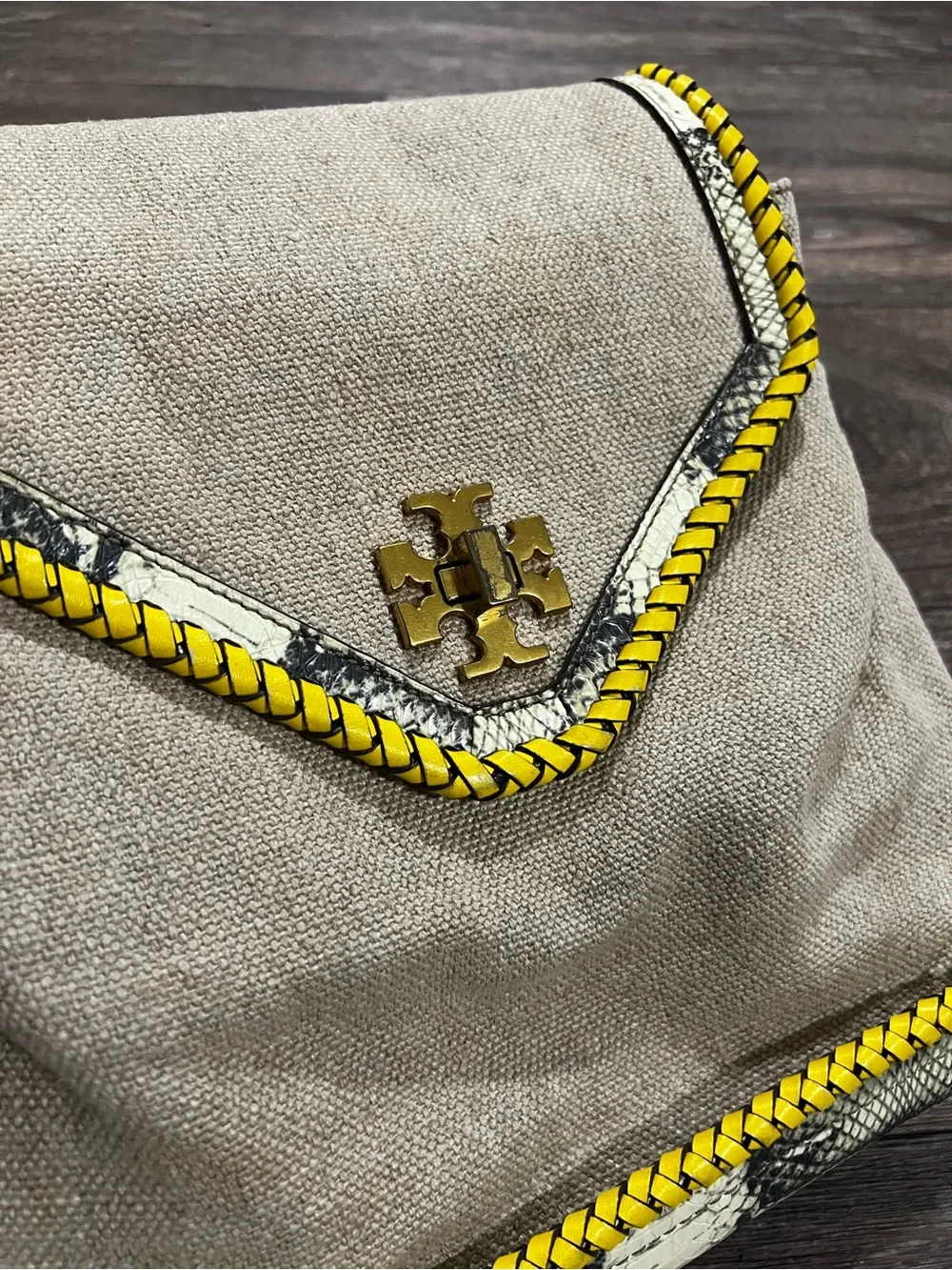 TORY BURCH Kira Braided Beige Canvas Backpack with Yellow Trim and Snakeskin