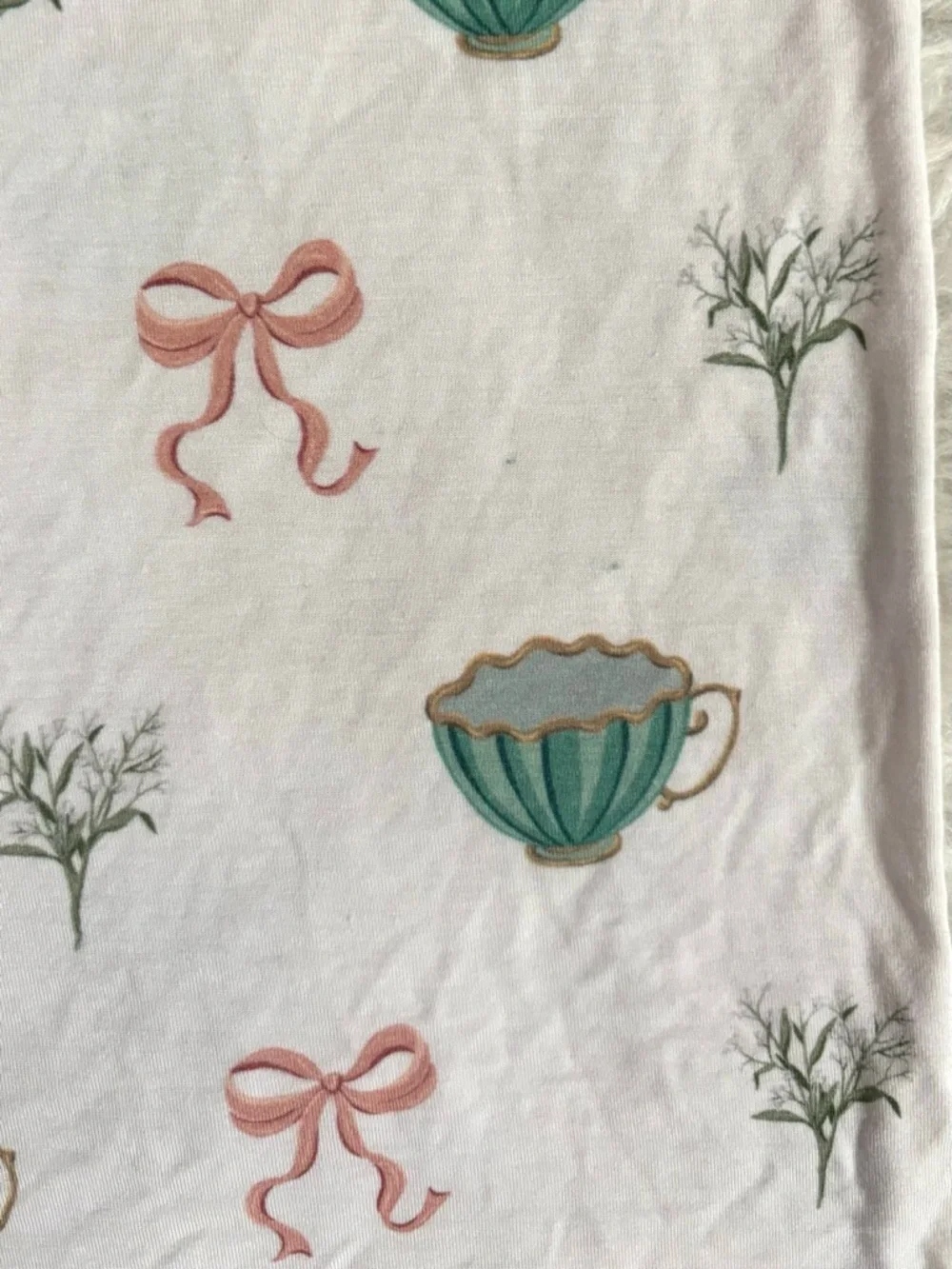 Seny Kids Bamboo Feminine Pajama Set in White with Teal Cup & Pink Bow AOP
