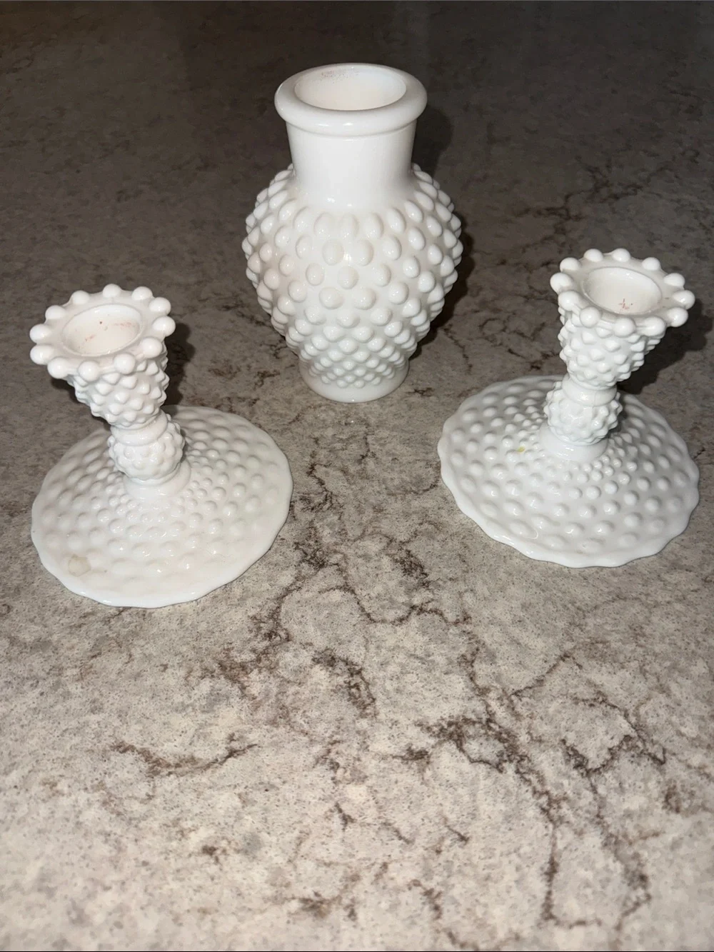 Vintage Hobnail Milk Glass Candle Stick Holders and bud vase White Read Descript