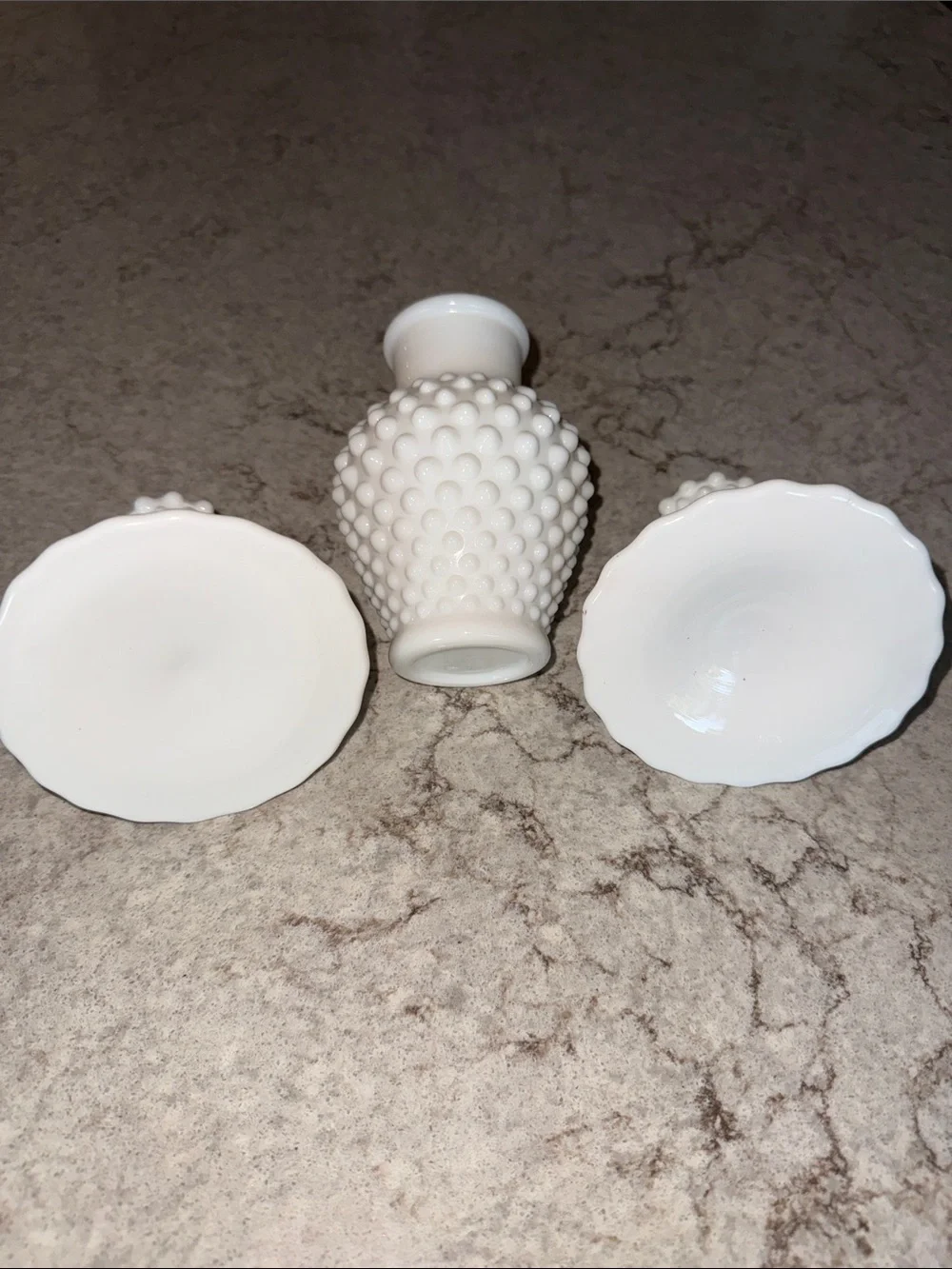Vintage Hobnail Milk Glass Candle Stick Holders and bud vase White Read Descript