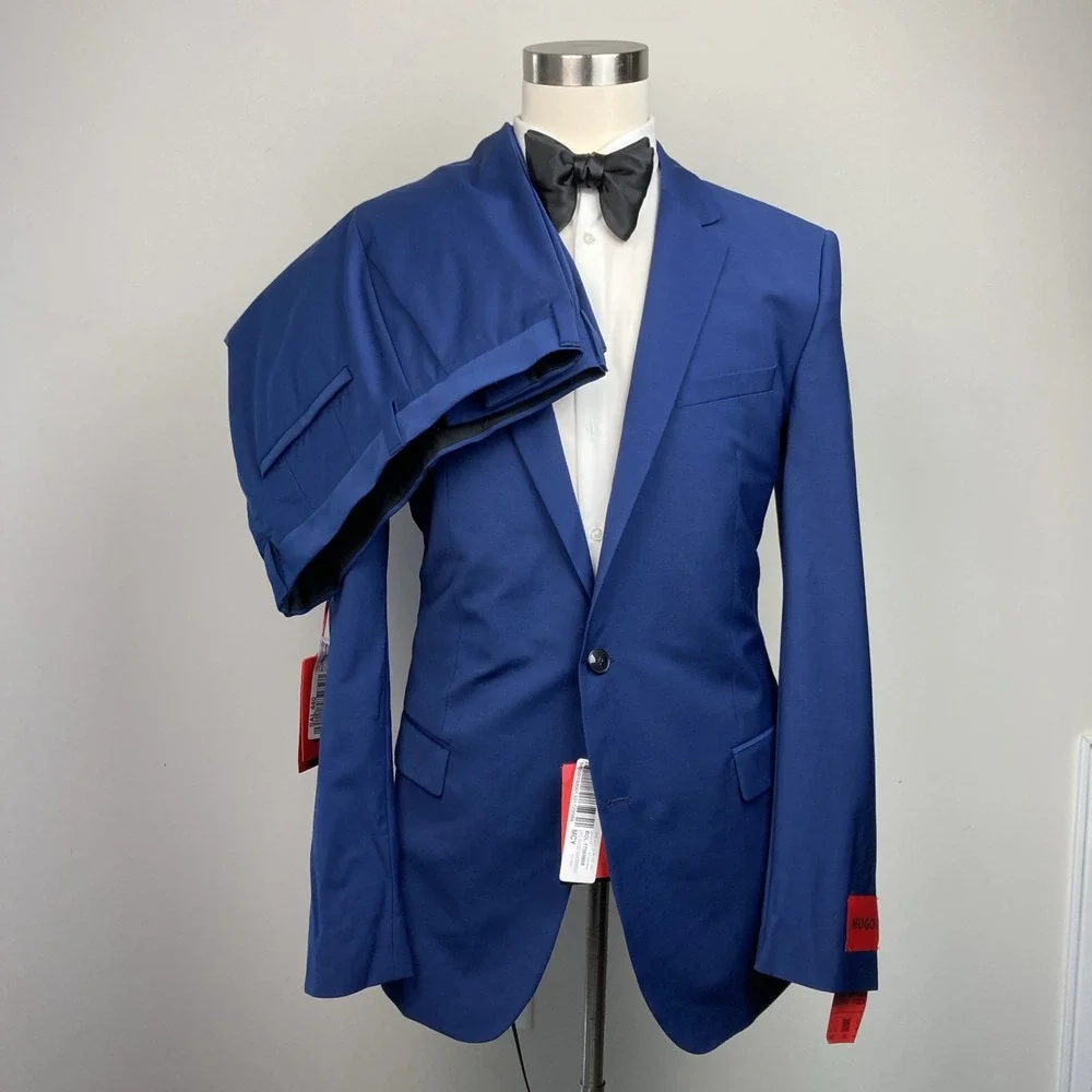 Hugo By Hugo Boss Mens 2-pc Suit Blazer Jacket 44L Blue Wool Pants 40W 33L
