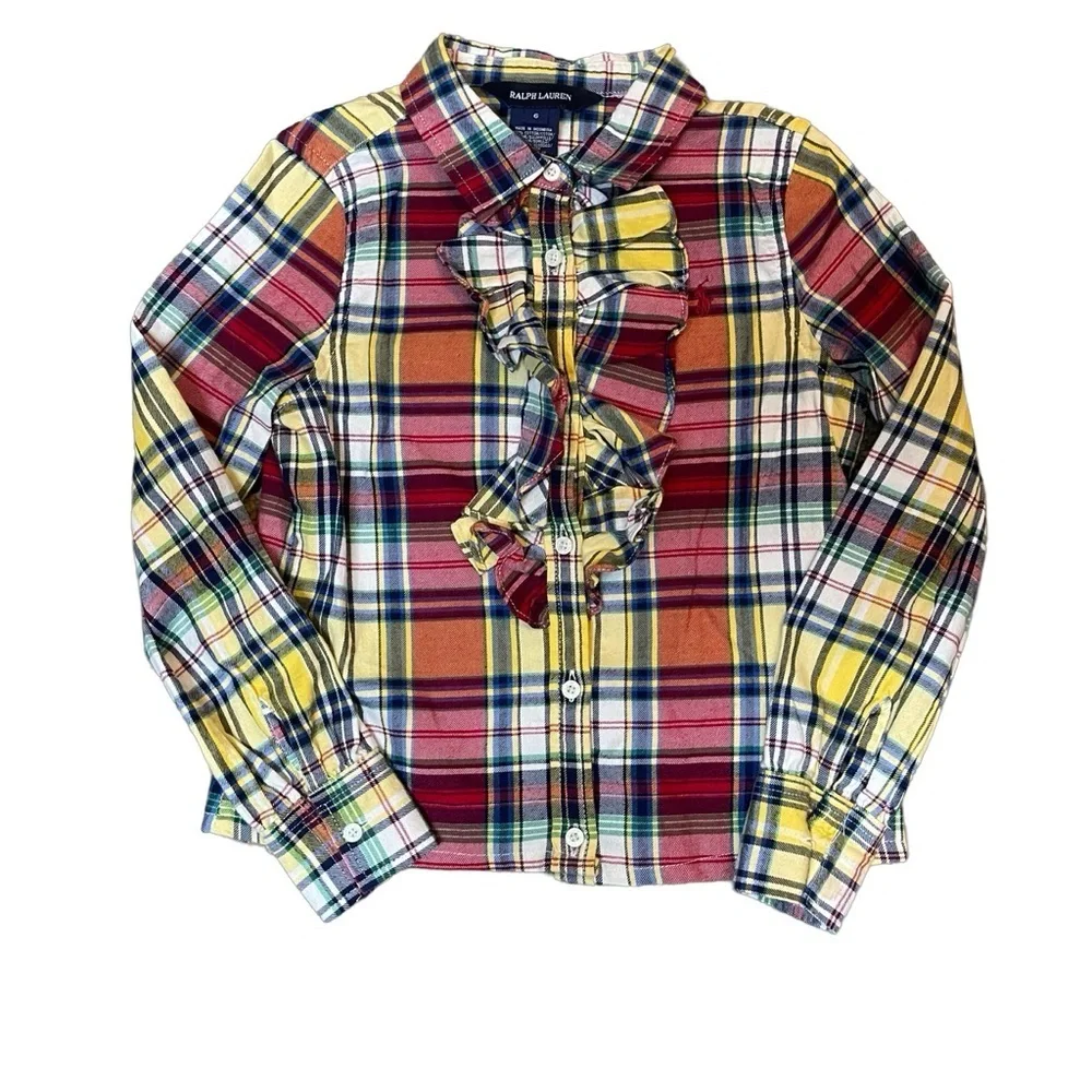 Ralph Lauren polo girls button down plaid water fall ruffle long sleeve blouse 6