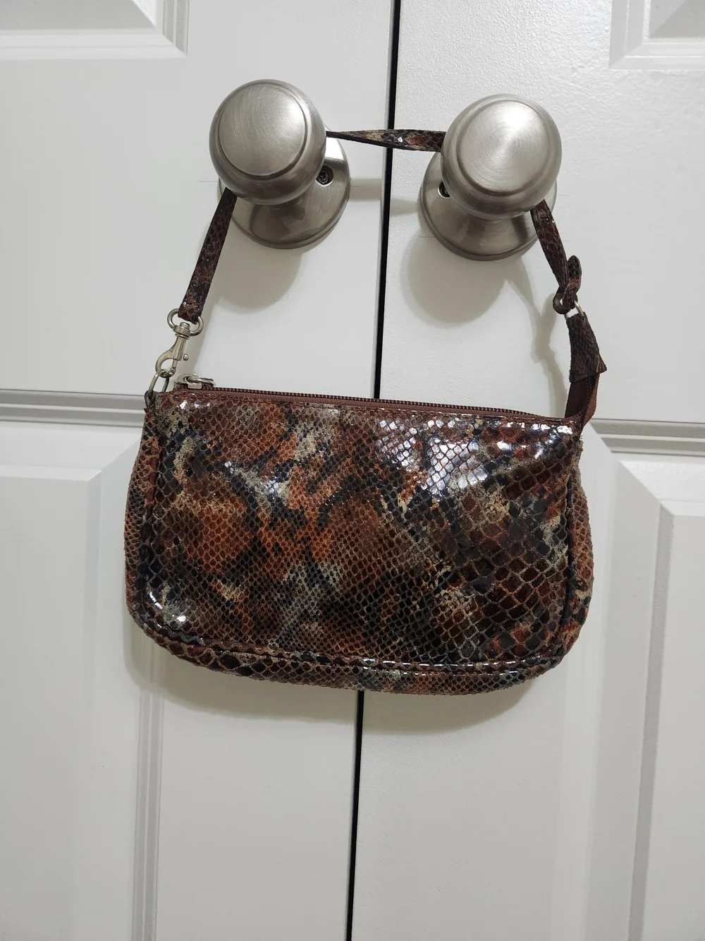 Glossy Brown  Leather Snakeskin-Print Mini Shoulder Bag / Baguette