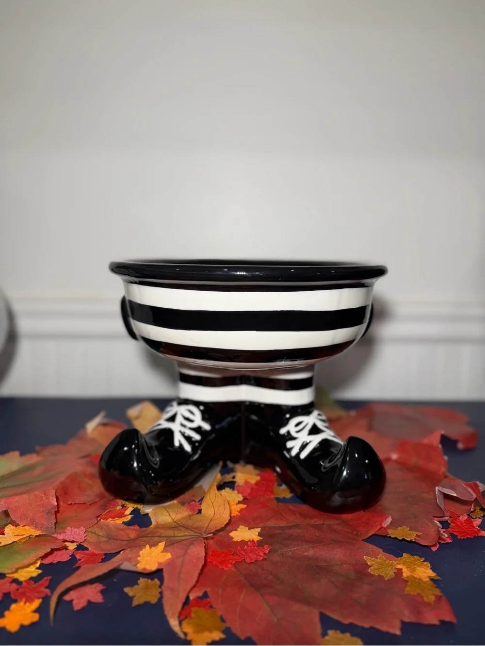 Mackenzie Child’s inspired Black and White Striped Ceramic Feet Halloween Bowl