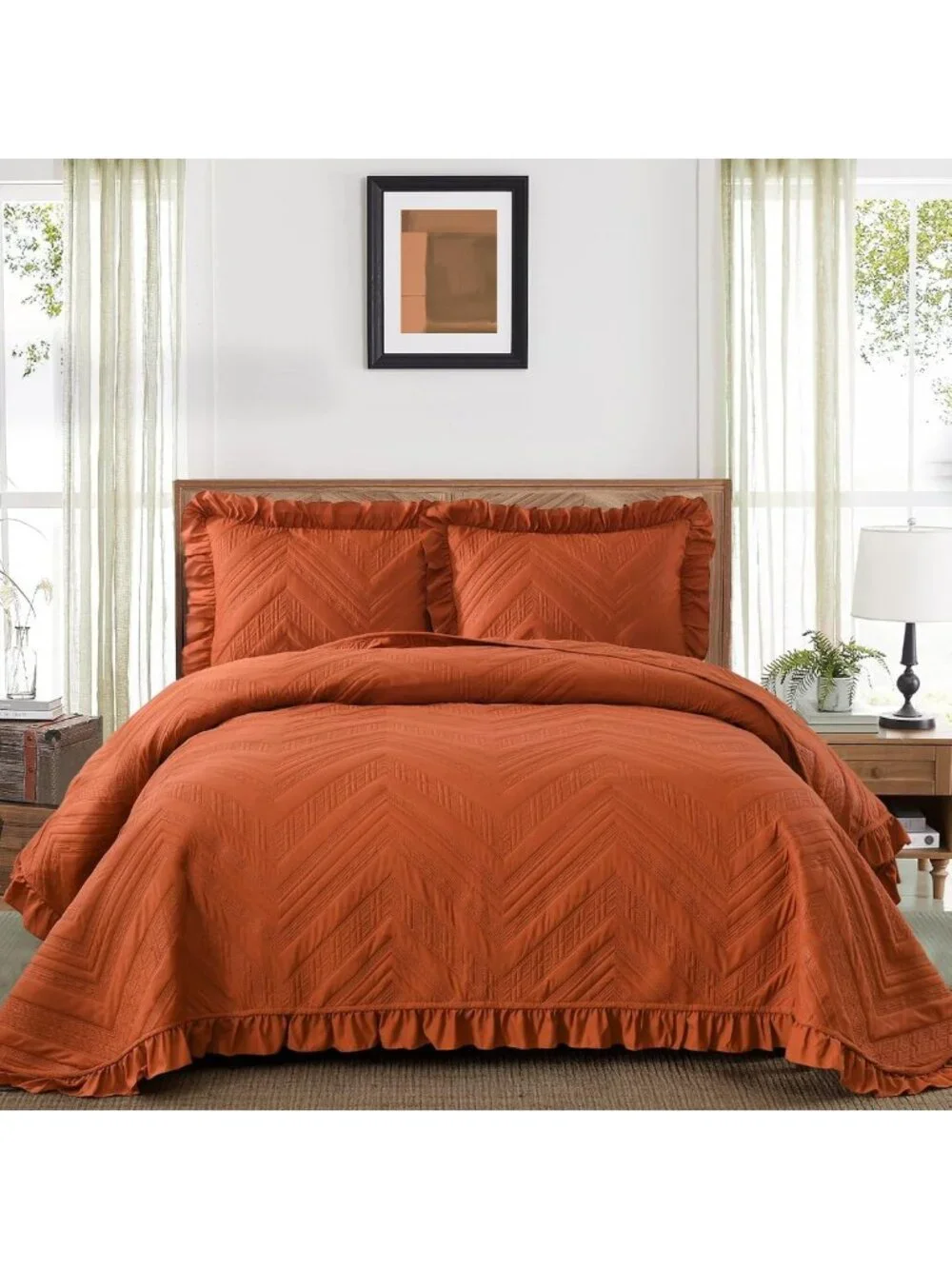Cozy Burnt Orange Ruffled King Quilt Bedding Set | Fall Decor Bedspread
