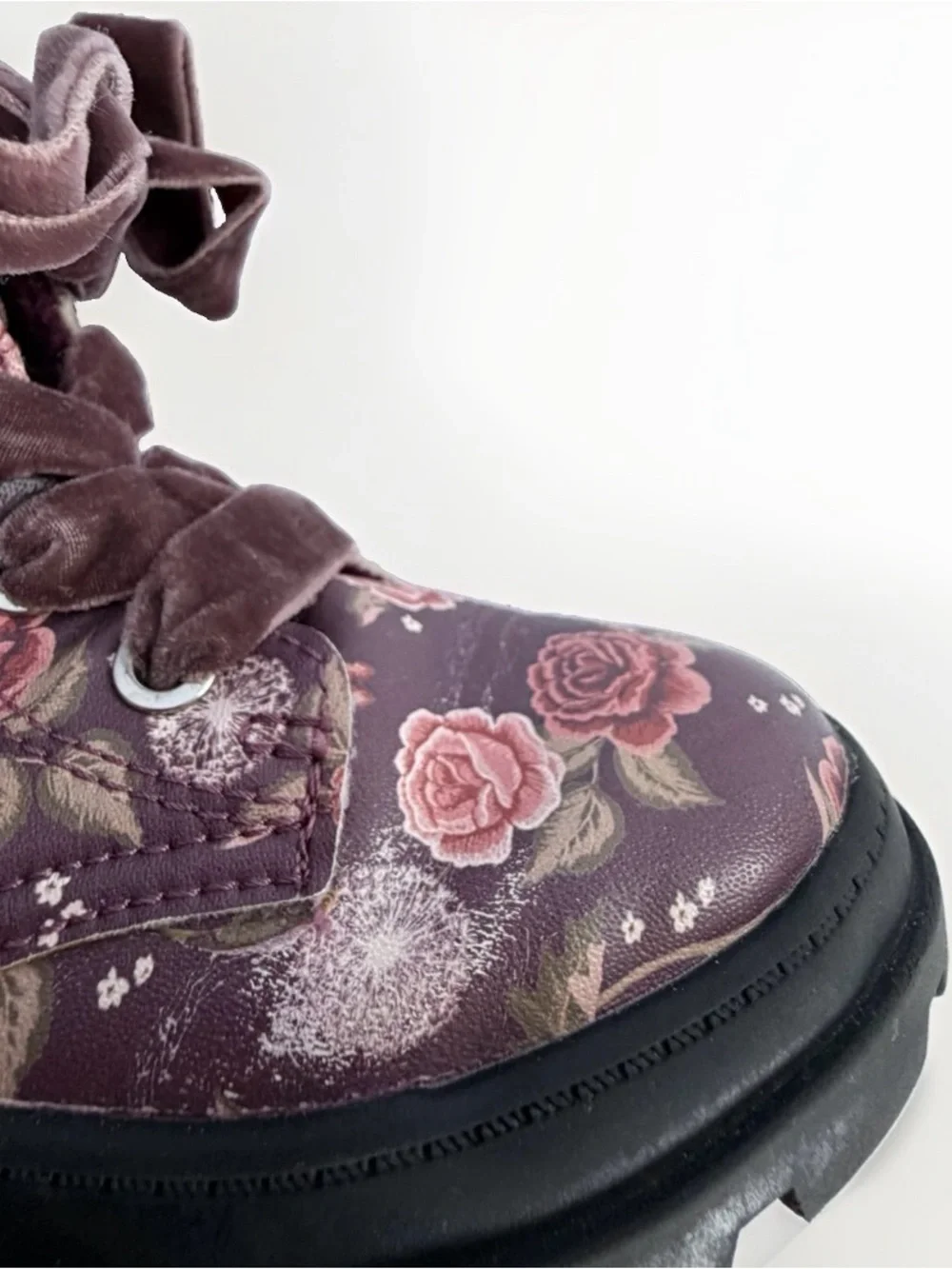 H&M Toddler Girls Floral Combat Boots Sz 6.5 Velvet Ribbon Laces Lug Sole Zipper