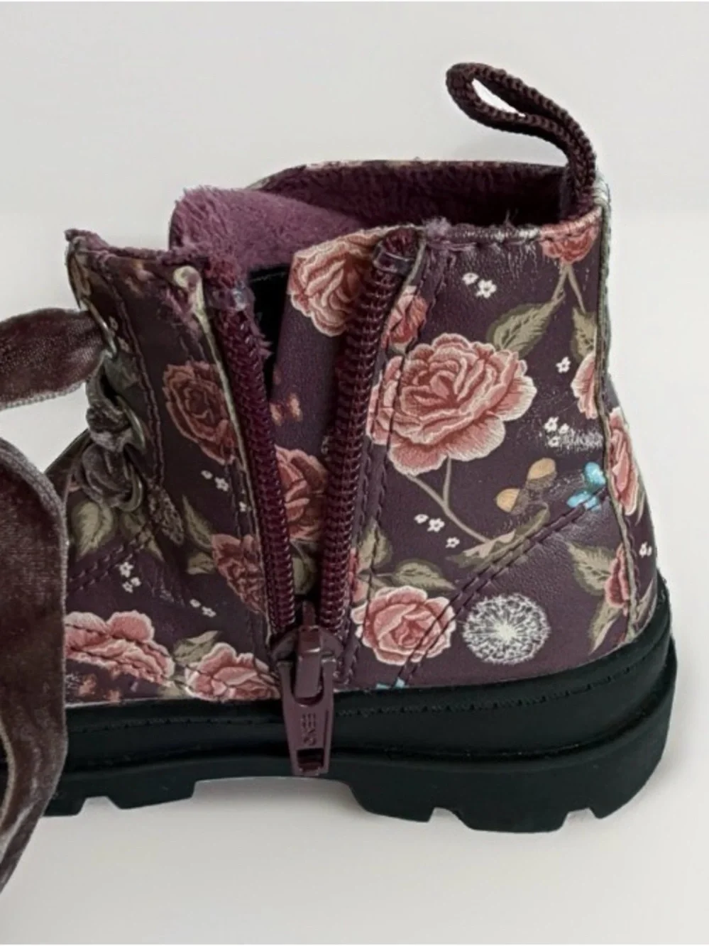 H&M Toddler Girls Floral Combat Boots Sz 6.5 Velvet Ribbon Laces Lug Sole Zipper