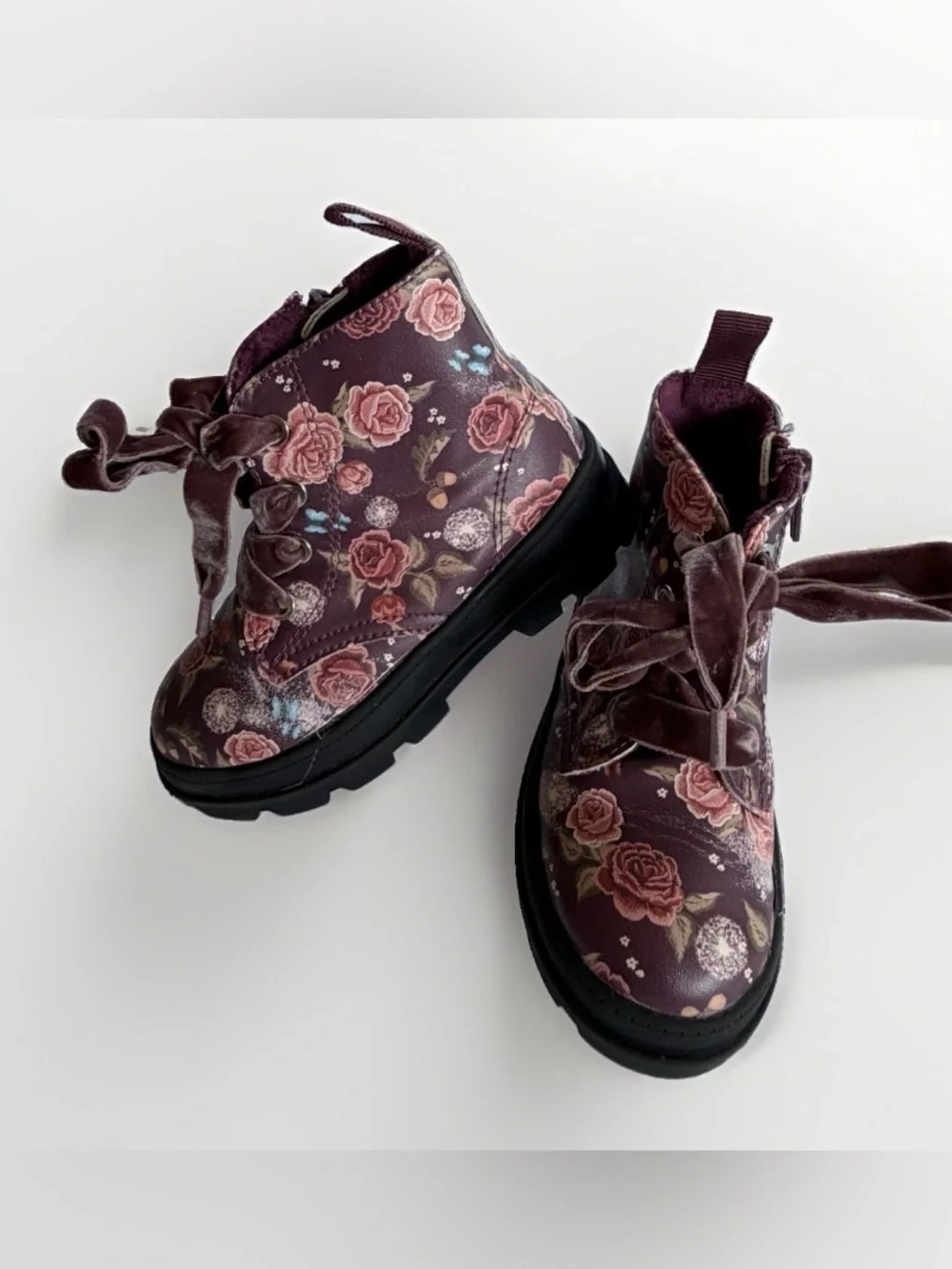 H&M Toddler Girls Floral Combat Boots Sz 6.5 Velvet Ribbon Laces Lug Sole Zipper