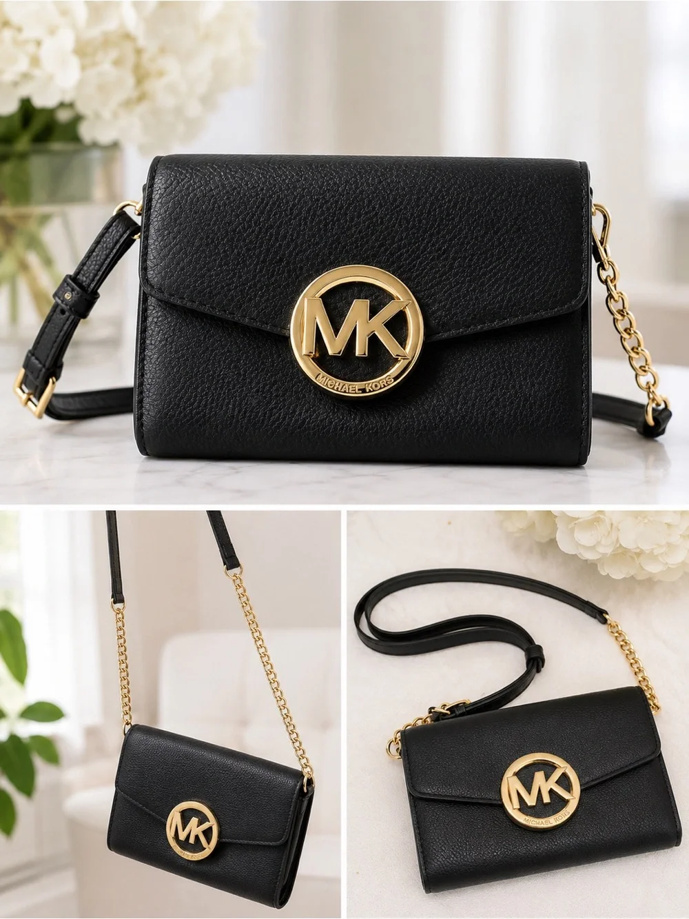 MICHAEL KORS! BLACK PEBBLED LEATHER CROSSBODY WITH STUNNING GOLD MK MEDALLION!