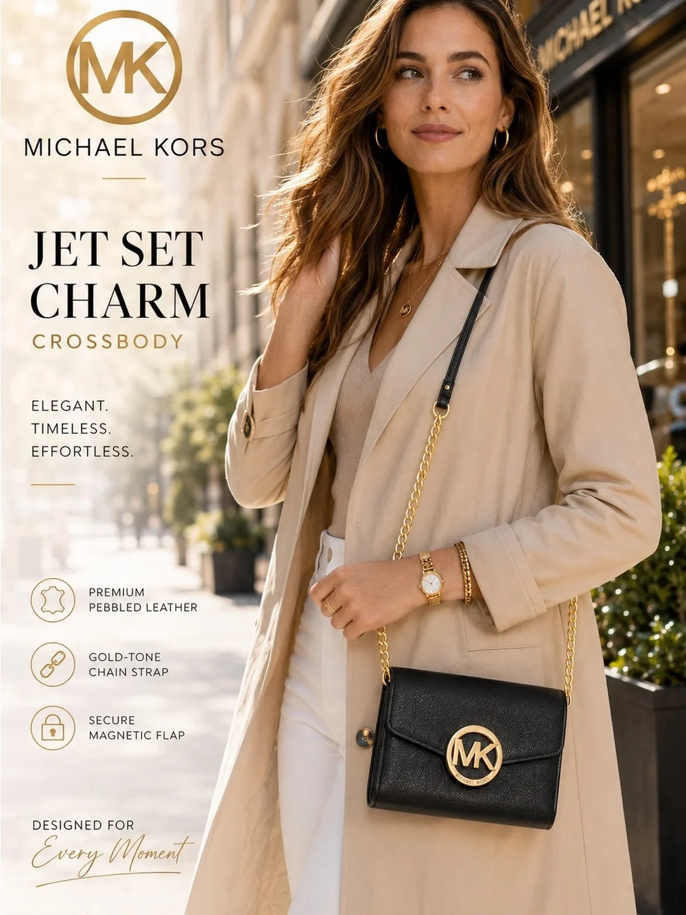 MICHAEL KORS! BLACK PEBBLED LEATHER CROSSBODY WITH STUNNING GOLD MK MEDALLION!