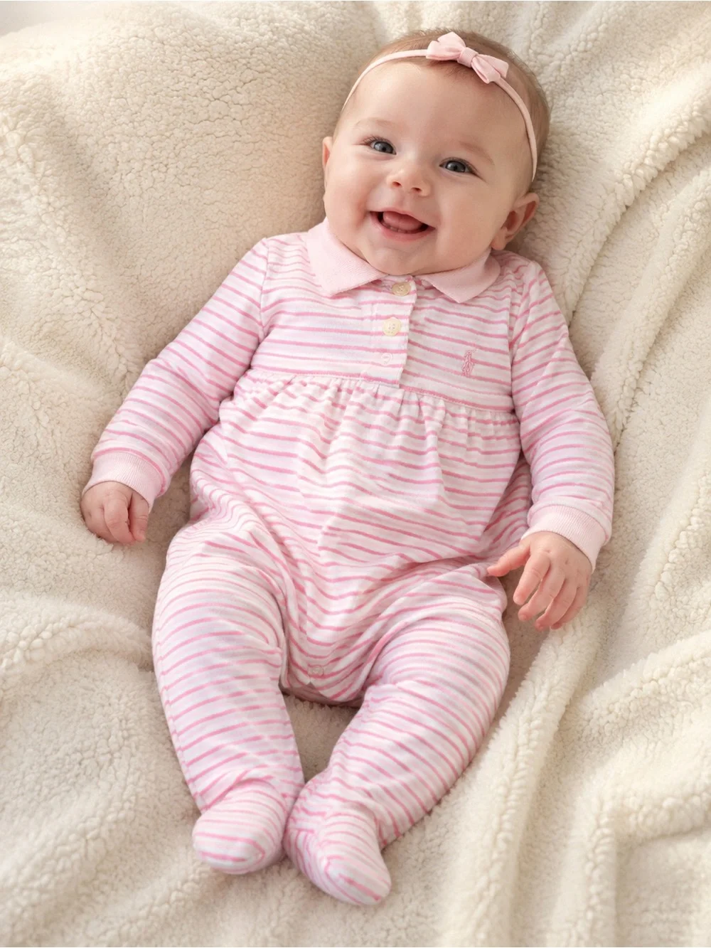 Ralph Lauren Baby Girl Pink Striped Footed Romper Size 6M Polo logo