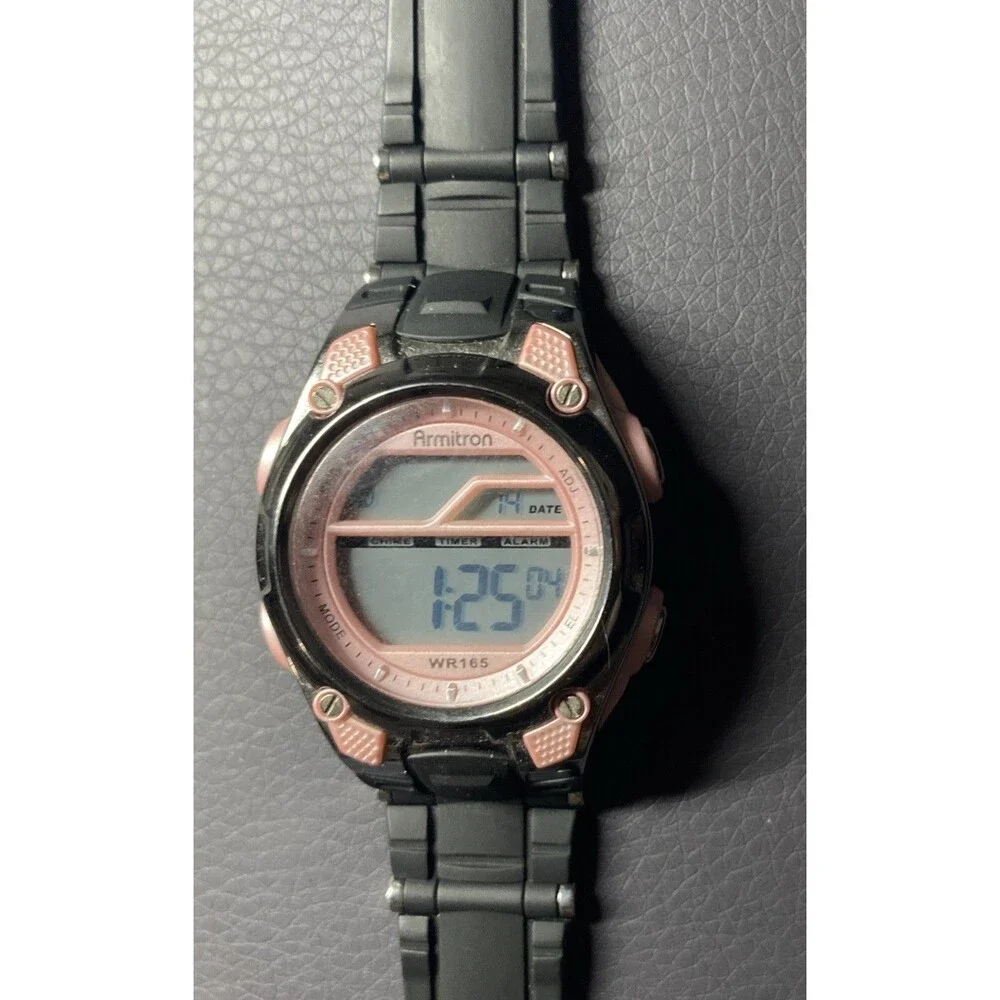 VTG Armitron Chronograph WR165 All Sport Pink Watch Silver Tone Case Black Band