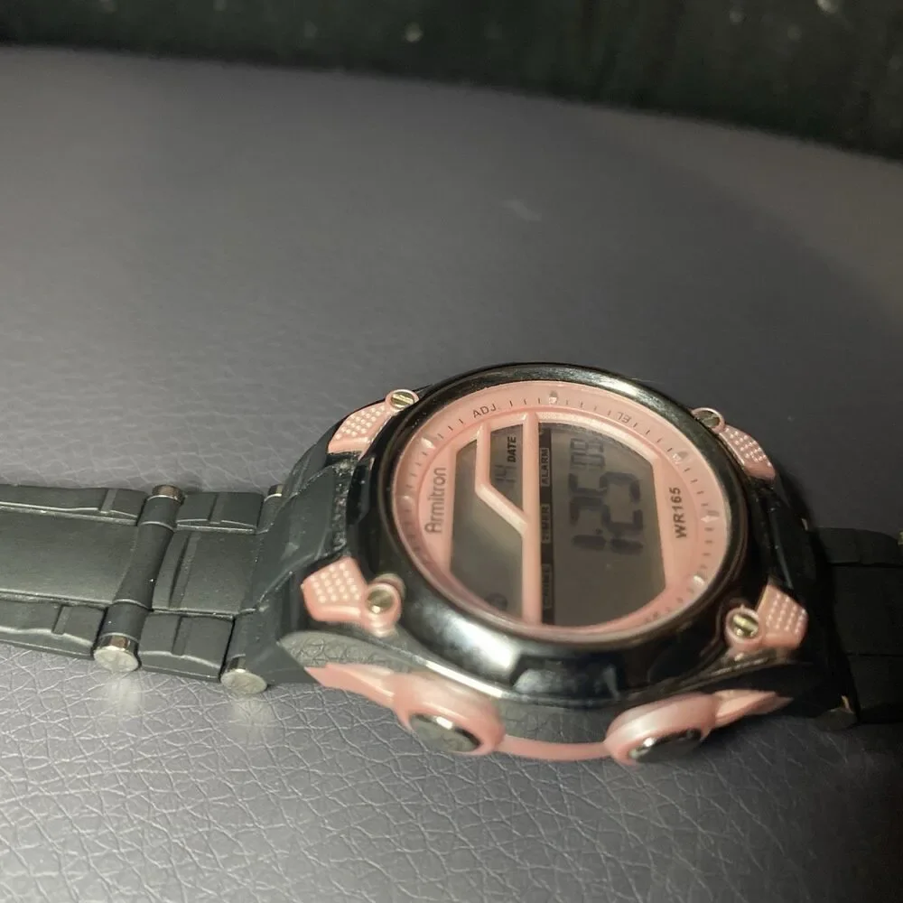 VTG Armitron Chronograph WR165 All Sport Pink Watch Silver Tone Case Black Band