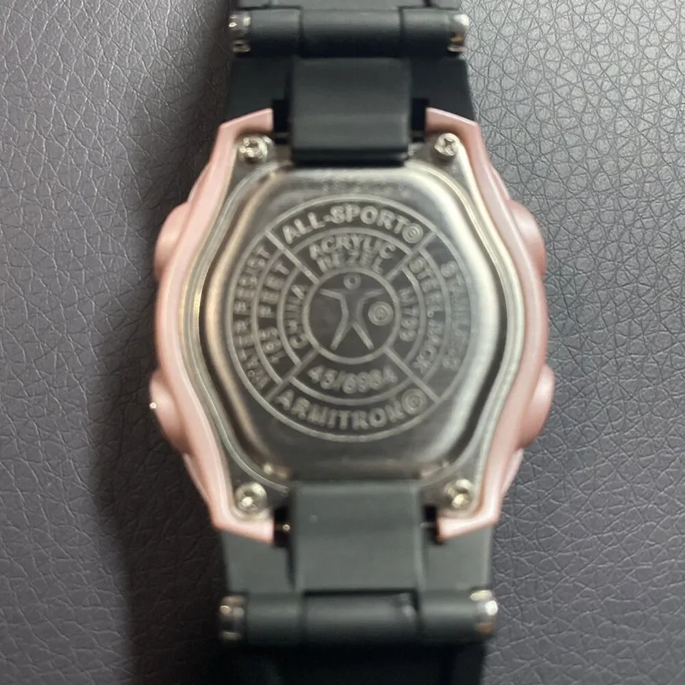 VTG Armitron Chronograph WR165 All Sport Pink Watch Silver Tone Case Black Band
