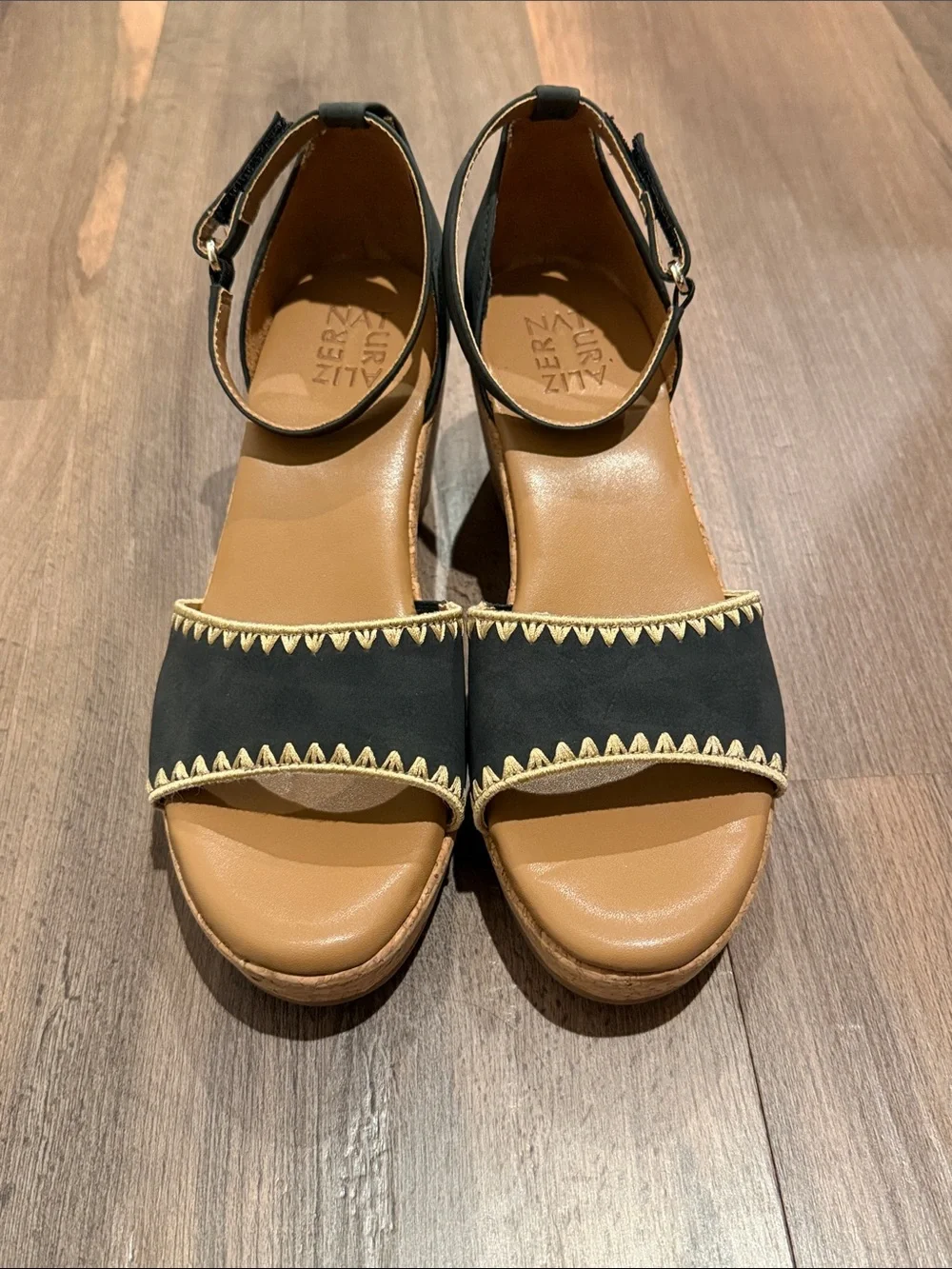 Naturalizer Black Ankle-Strap Cork‎ Wedge Sandals