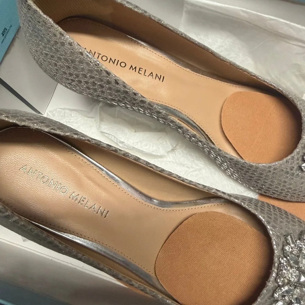 Antonio Melani Essie Wedge Women 8.5 Silver Crystal Peep Toe Snakeskin Glam Luxe