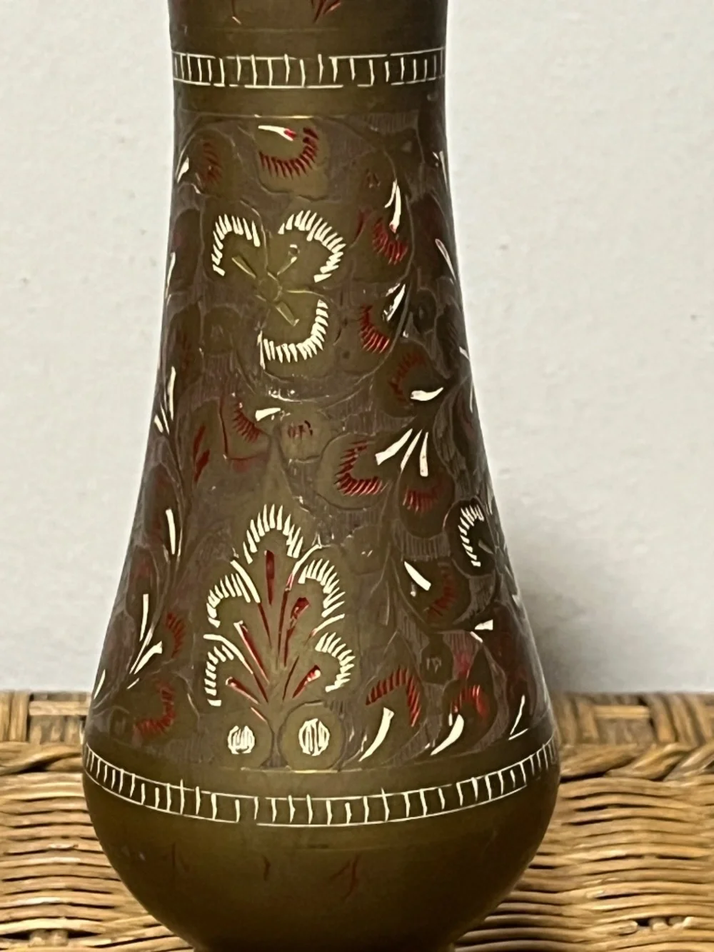 Vintage Pair of Colored Etched Brass Vases Made In India 1970s