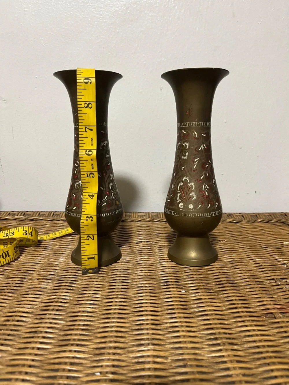 Vintage Pair of Colored Etched Brass Vases Made In India 1970s