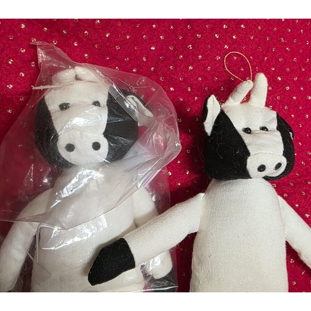 Vintage Leewards Cow Plush Ornaments‎ Set of 2 Black White Hanging Dolls Holiday