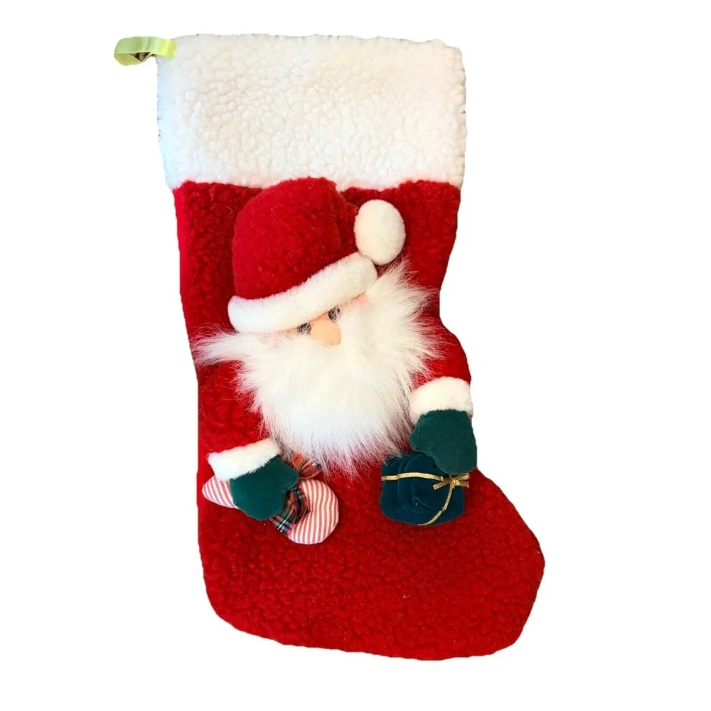 Vintage Christmas Stocking Santa Claus‎ Plush Sherpa Red White Holiday Decor