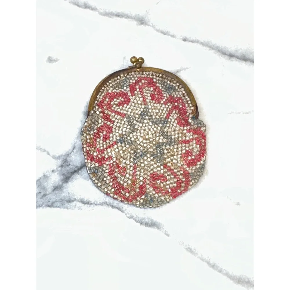 Antique Micro Beaded Coin Purse Red White Blue Kiss Lock Small Pouch 3x3.25in