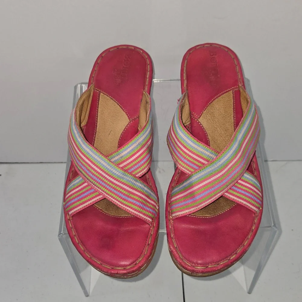 Born W9677 Pink Multi Color Striped Espadrille Wedge Sandals Womens Size 7/38