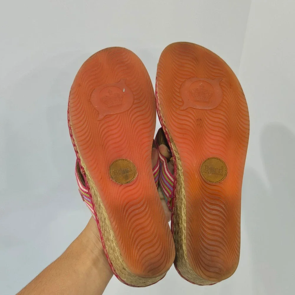 Born W9677 Pink Multi Color Striped Espadrille Wedge Sandals Womens Size 7/38