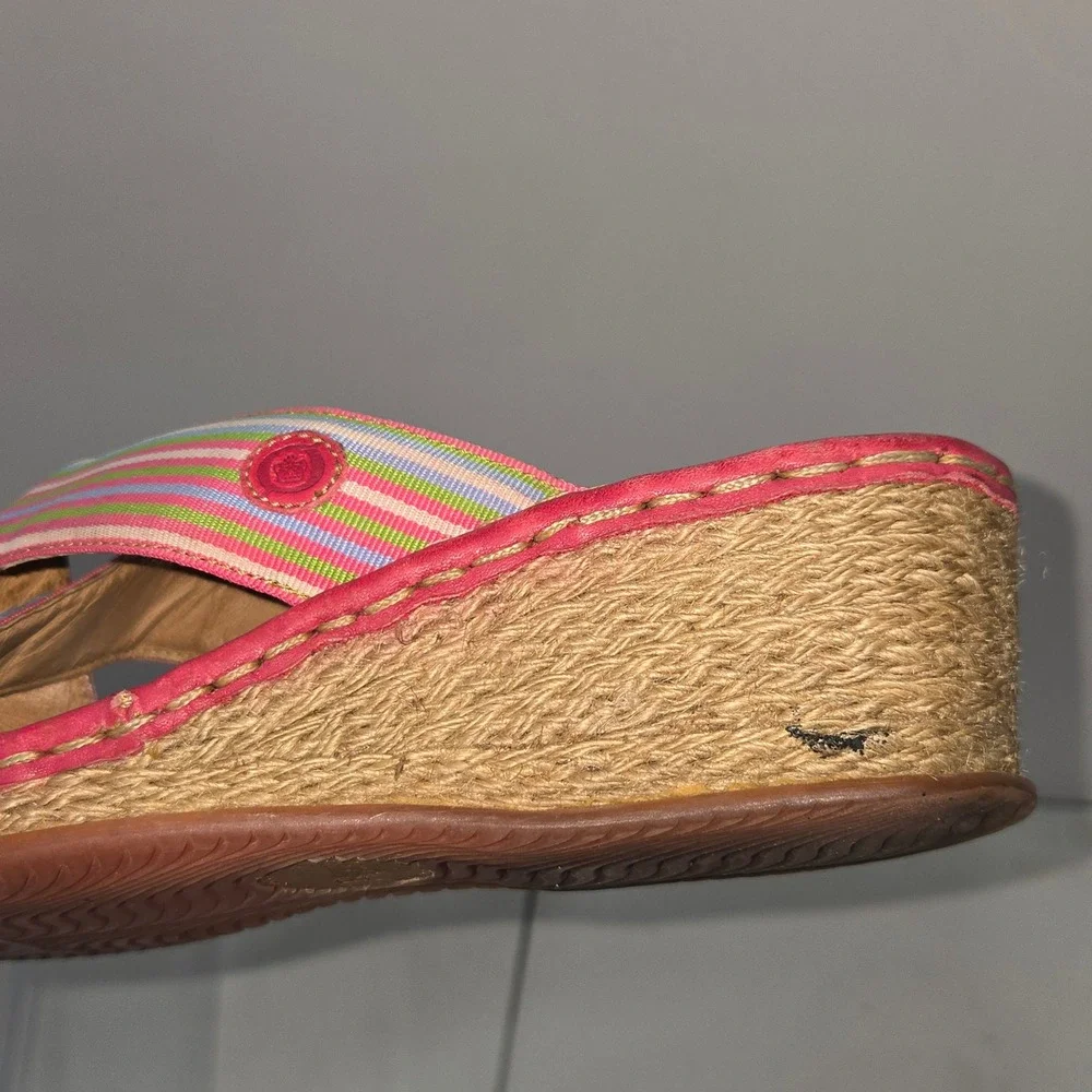 Born W9677 Pink Multi Color Striped Espadrille Wedge Sandals Womens Size 7/38