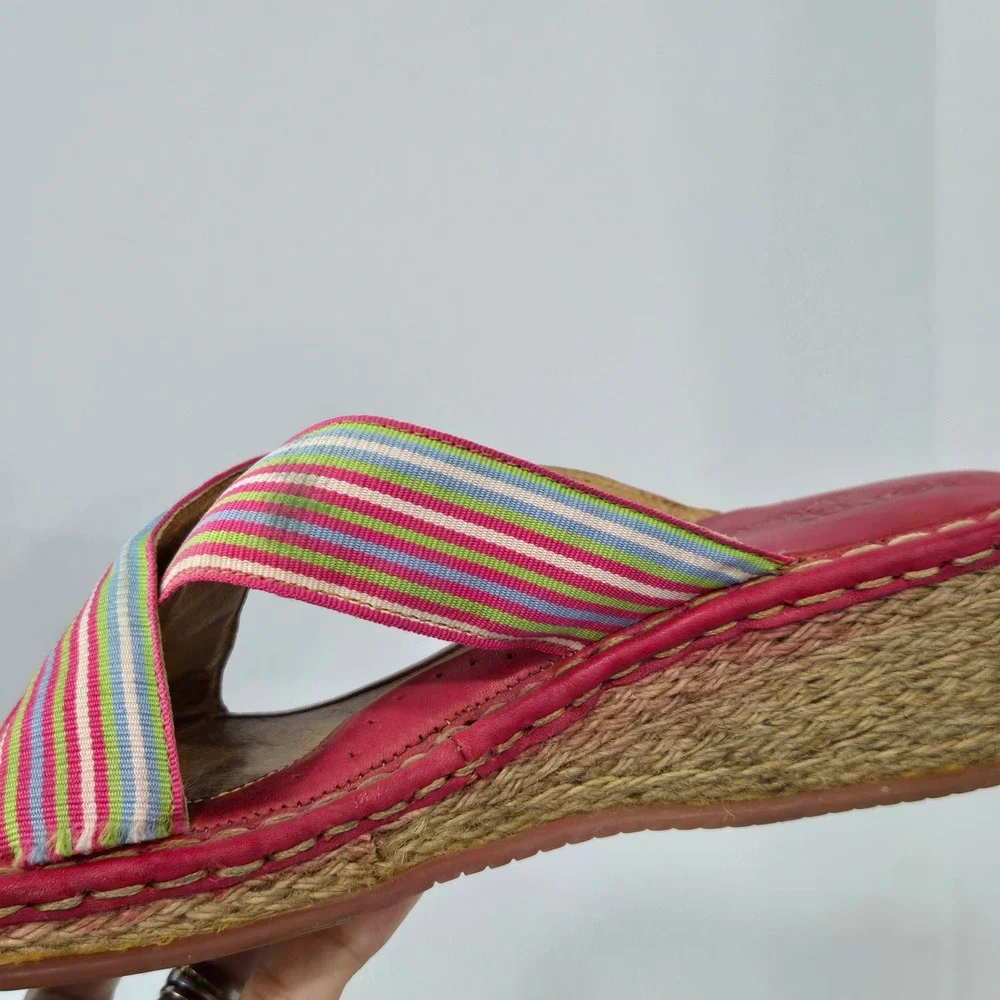 Born W9677 Pink Multi Color Striped Espadrille Wedge Sandals Womens Size 7/38