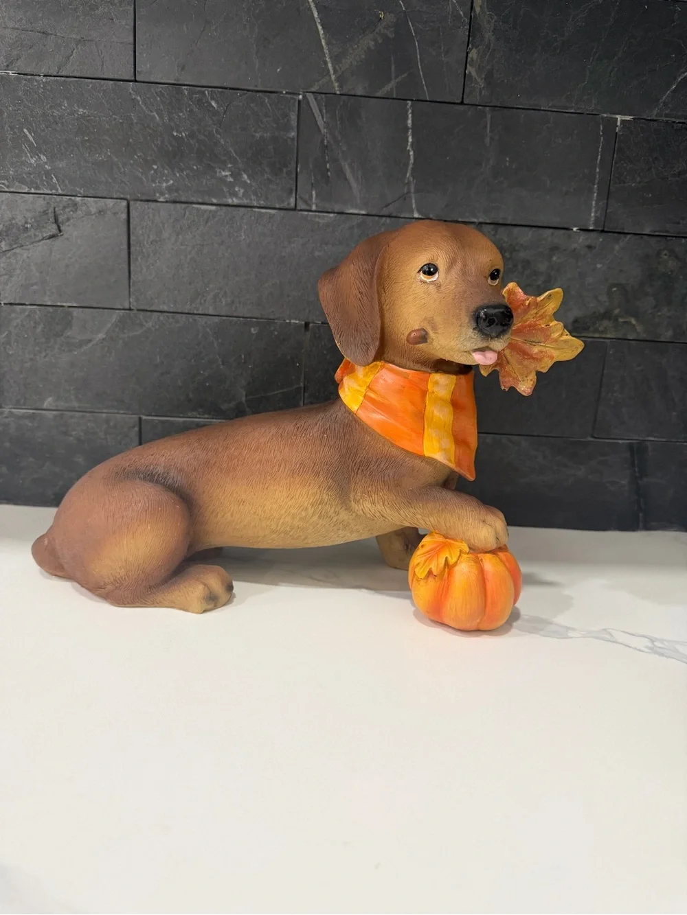 Autumn Dachshund Dog Figurine with Orange Scarf and Pumpkin