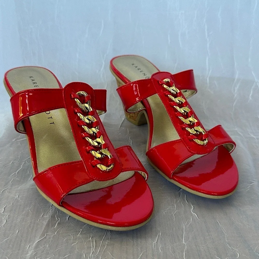 3/$20💥 Karen Scott Red & Gold Chain Embellished Slip On Kyley‎ Wedge Cork Heels