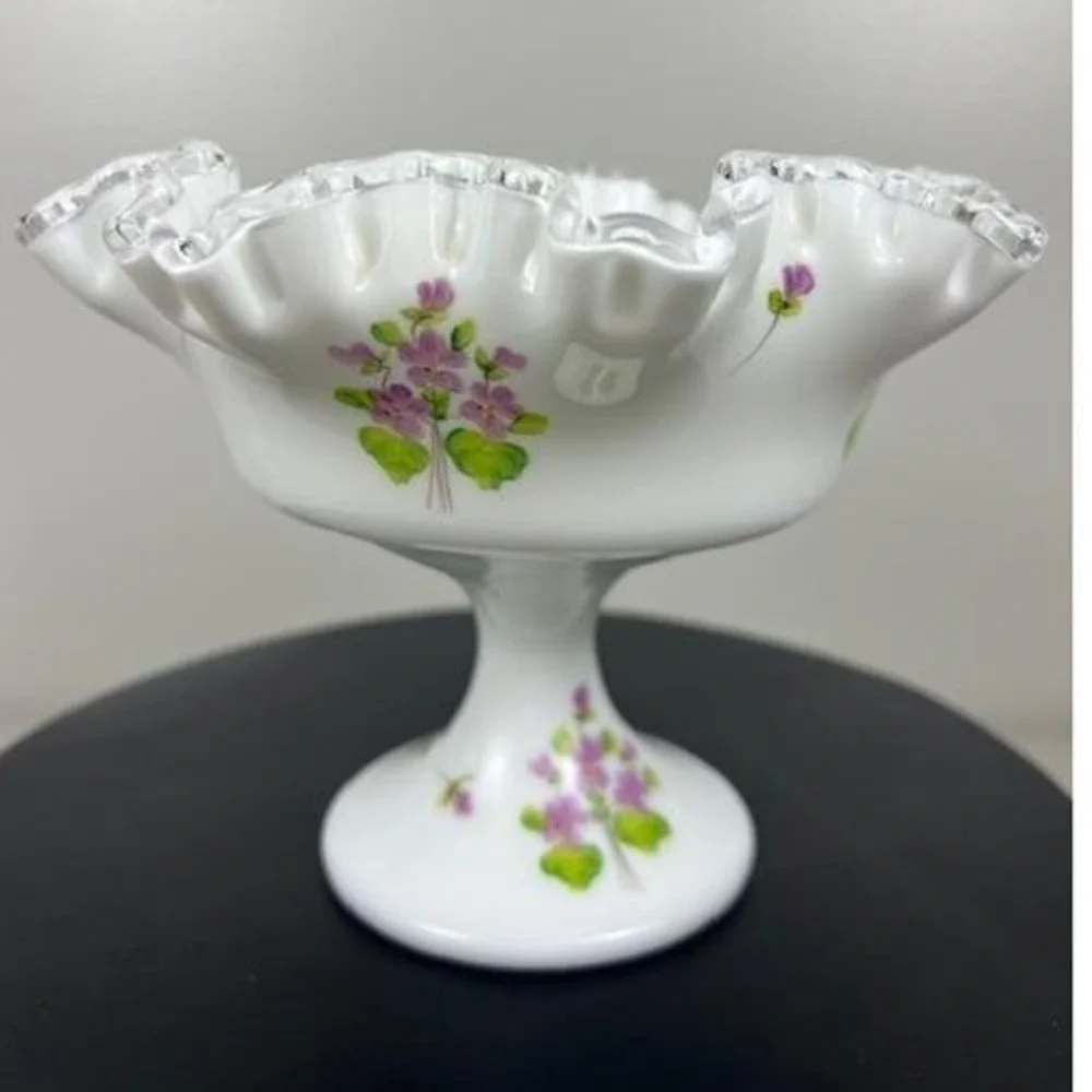 Fenton Milk Glass Violets in the Snow Ruffled Silver Crest Pedestal Compote Bowl