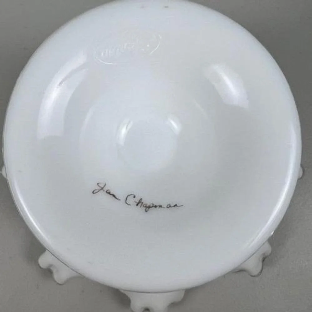 Fenton Milk Glass Violets in the Snow Ruffled Silver Crest Pedestal Compote Bowl