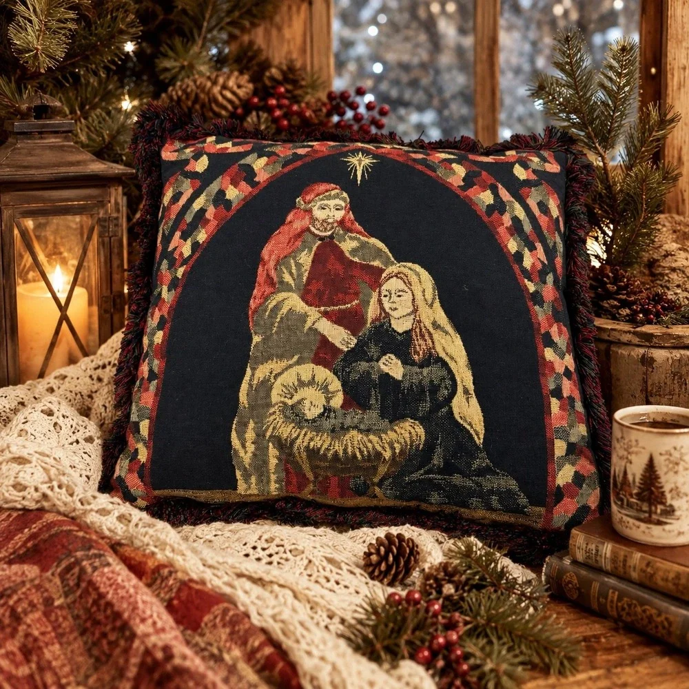 Vintage Christmas Nativity Tapestry Throw Pillow Fringe Trim Moiré Back 16x15