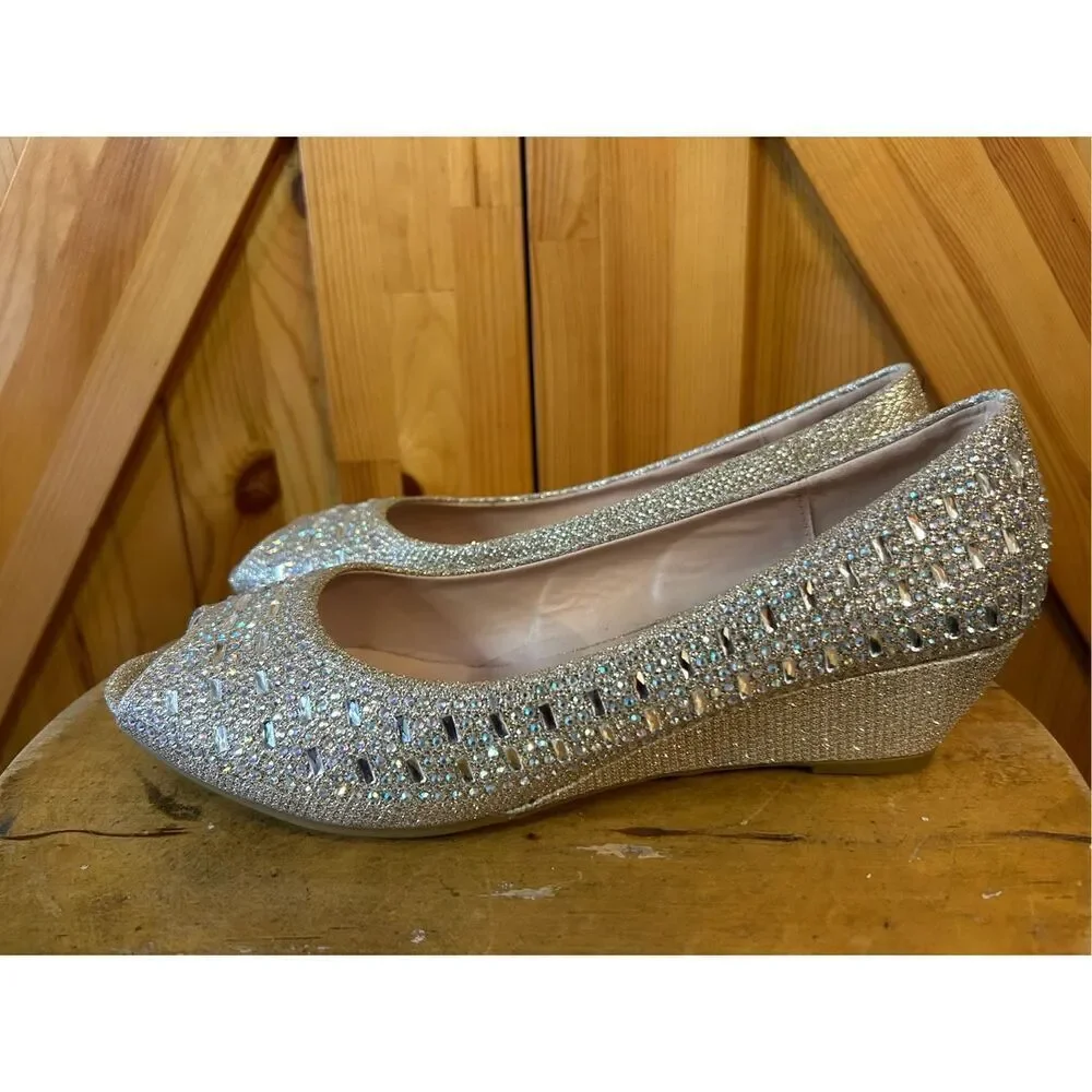 Forever Open Toe Champagne Rhinestone Embellished Pumps  Wedge Size 10