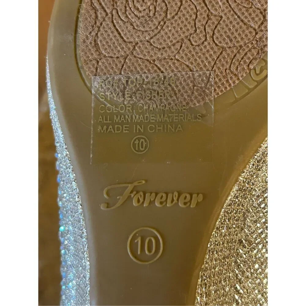 Forever Open Toe Champagne Rhinestone Embellished Pumps  Wedge Size 10