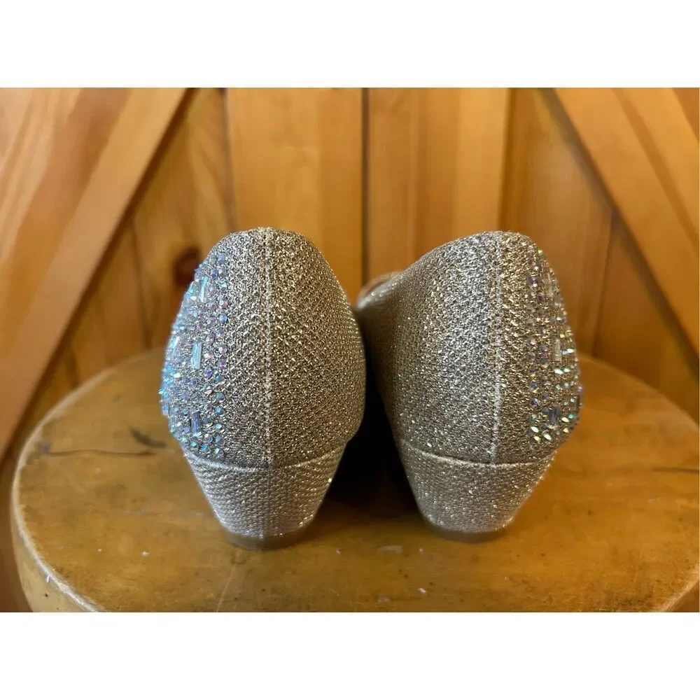 Forever Open Toe Champagne Rhinestone Embellished Pumps  Wedge Size 10