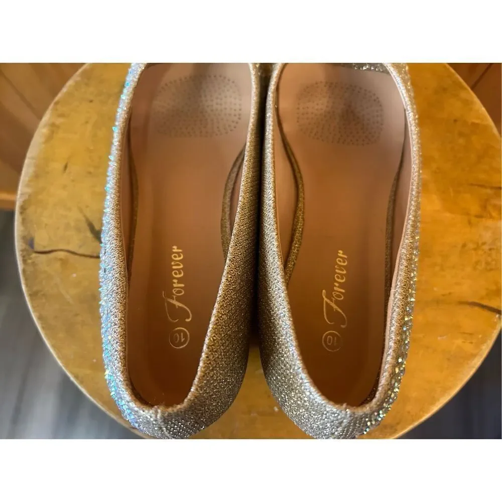 Forever Open Toe Champagne Rhinestone Embellished Pumps  Wedge Size 10