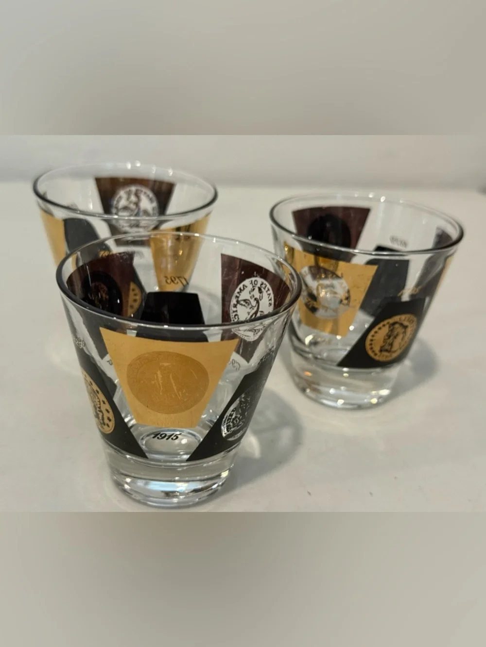 Set 3 Mid Century Cera Glass 22K Gold w/ Coin Emblem Design 