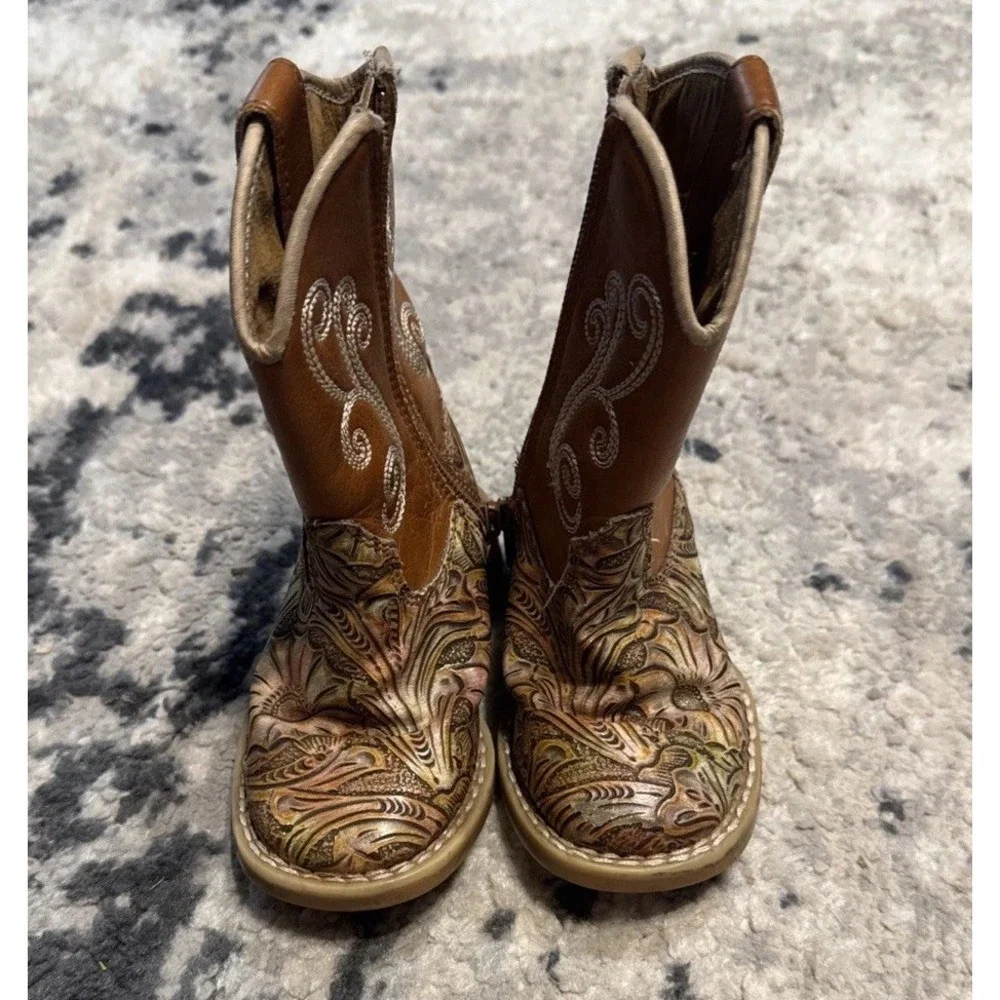 Twister Toddler Brown Sz 5 Tooled  Leather Rodeo Western Boots Zip