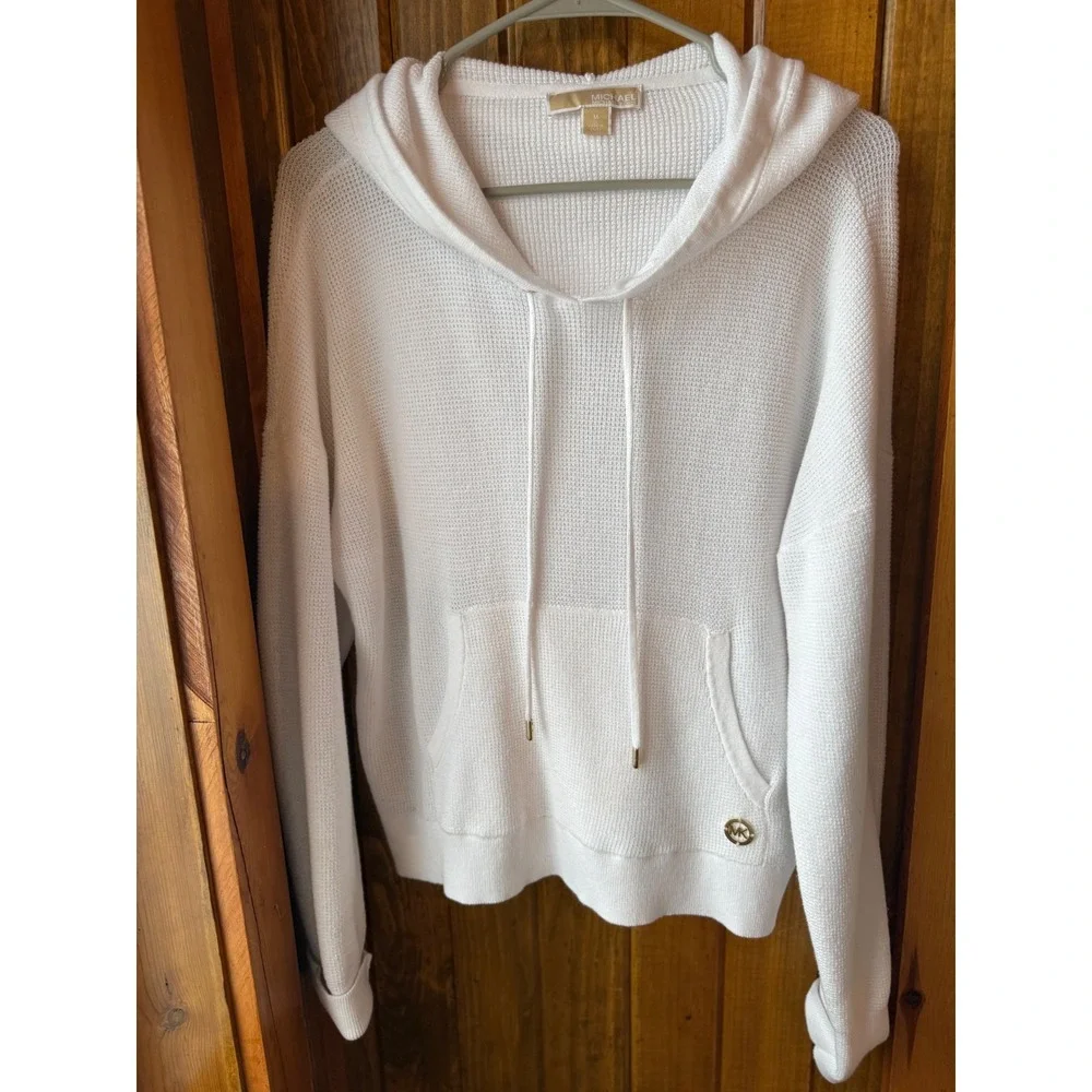 MICHAEL KORS White Waffle Knit Hoodie Pocket Drawstring Casual Womens Size M‎